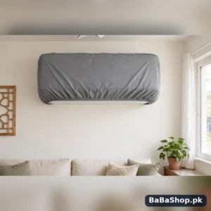 Split AC indoor unit fitted with a grey parachute AC cover on a living room wall