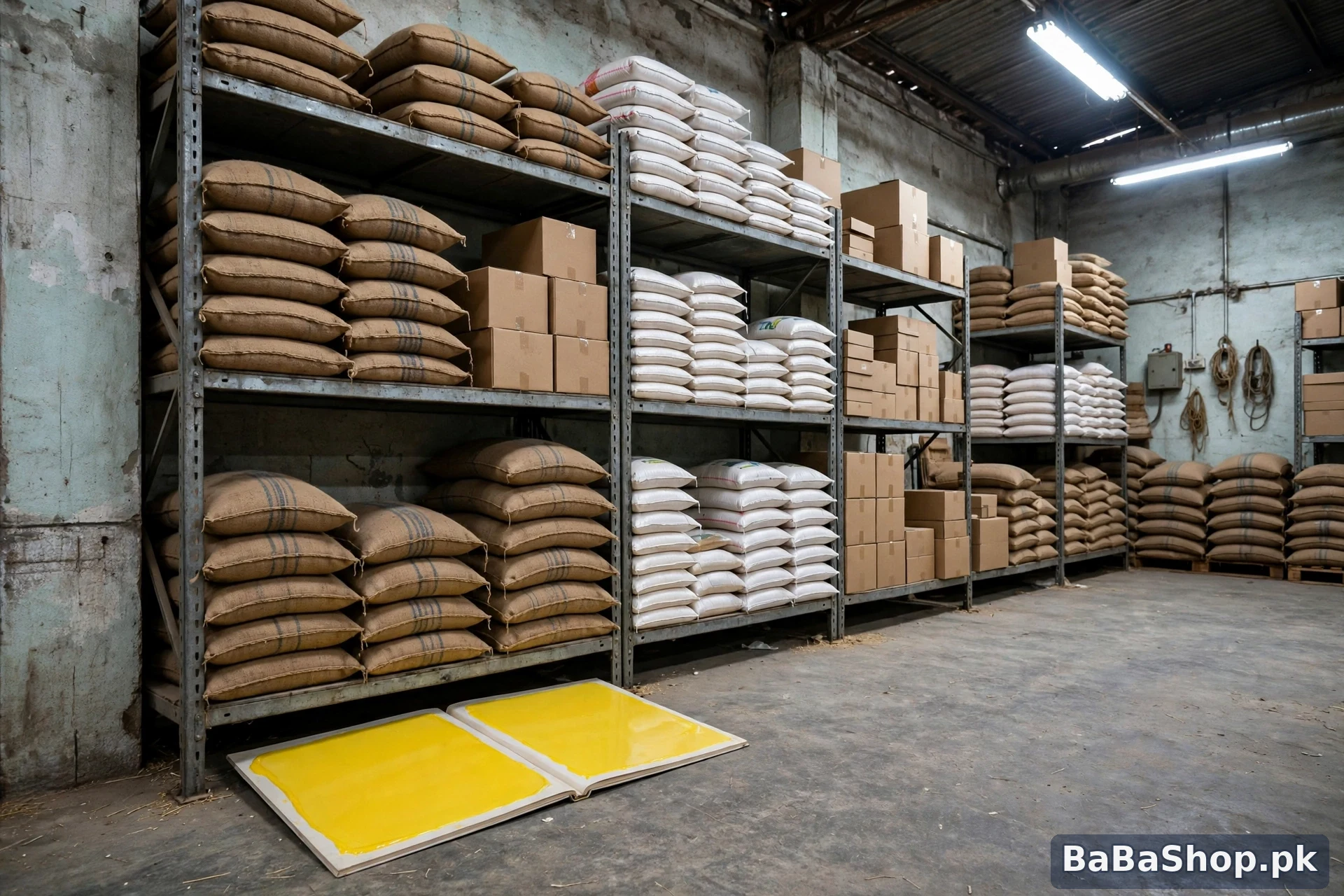 Rat glue pads placed under godown shelving to protect stored grain and stock from rats