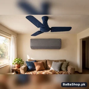 Living room with a navy ceiling fan cover on the fan and a grey AC cover on the split AC, winter home protection pack in use